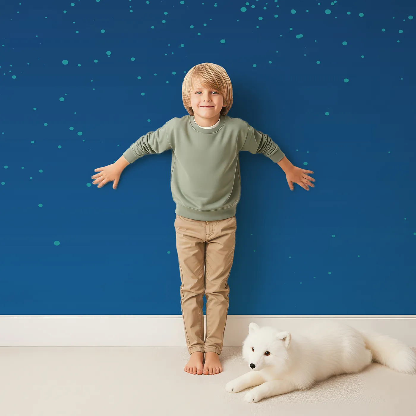 Child in front of Whimsy Tots Night Sky Fireworks Wall Mural with fireworks, night, sky, star, colorful, celebration, sparkle, blue in design.