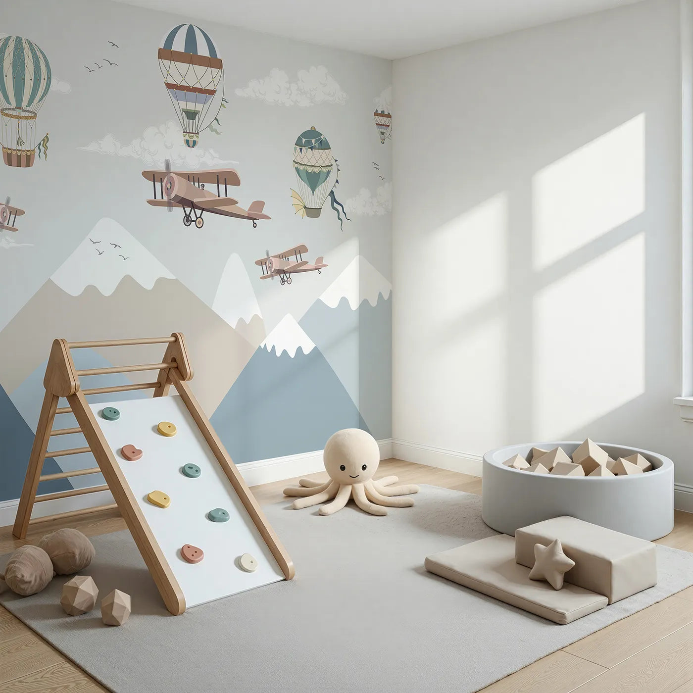 Angled view of Whimsy Tots' Mountain Air Rally Wall Mural (Turn Their Room into a Whimsical, High-Flying Adventure).Gender-Neutral