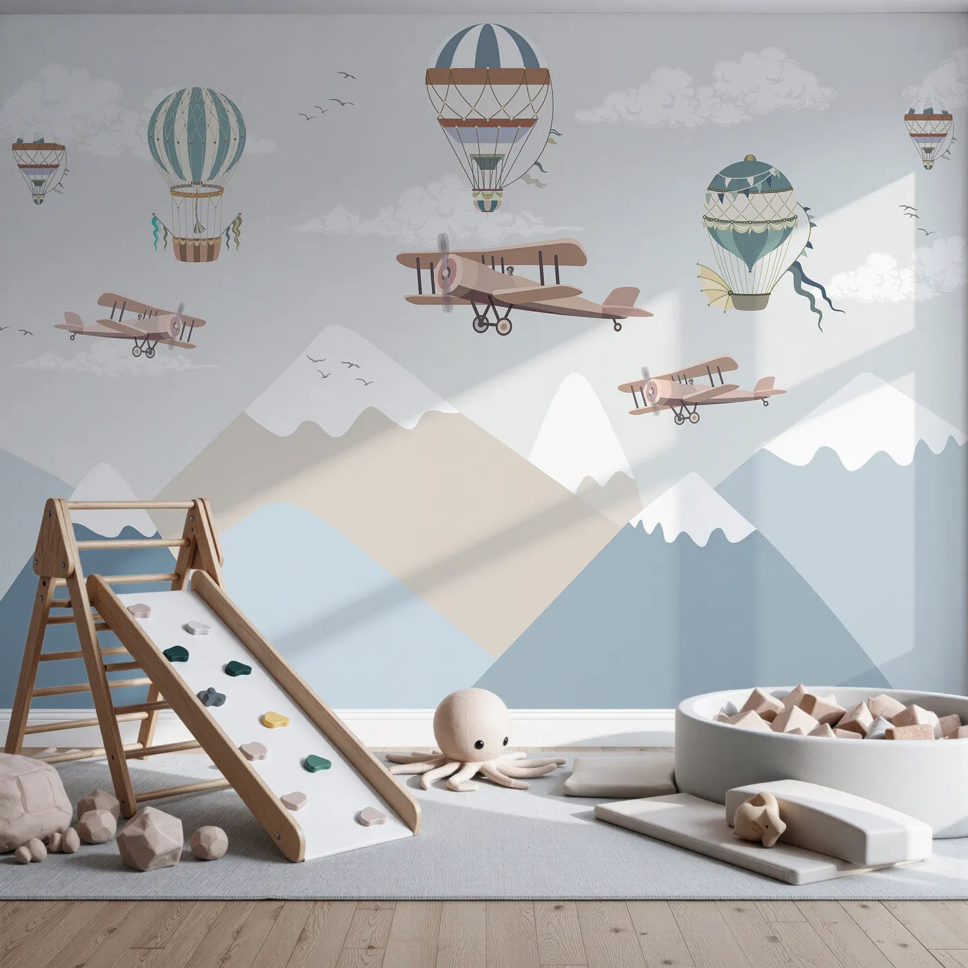 Front view of Whimsy Tots' Mountain Air Rally Wall Mural