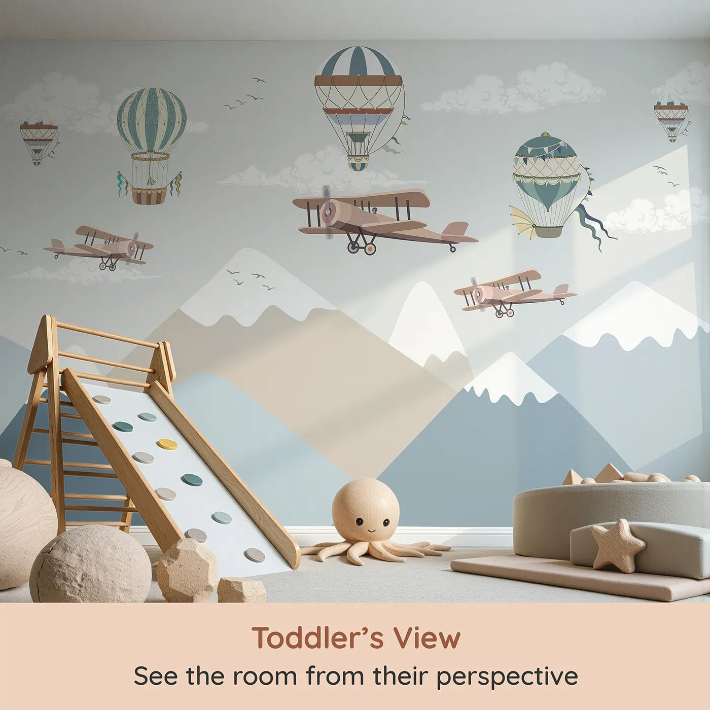 Whimsy Tots Mountain Air Rally Wall Mural (Turn Their Room into a Whimsical, High-Flying Adventure) from your child's view.Gender-Neutral