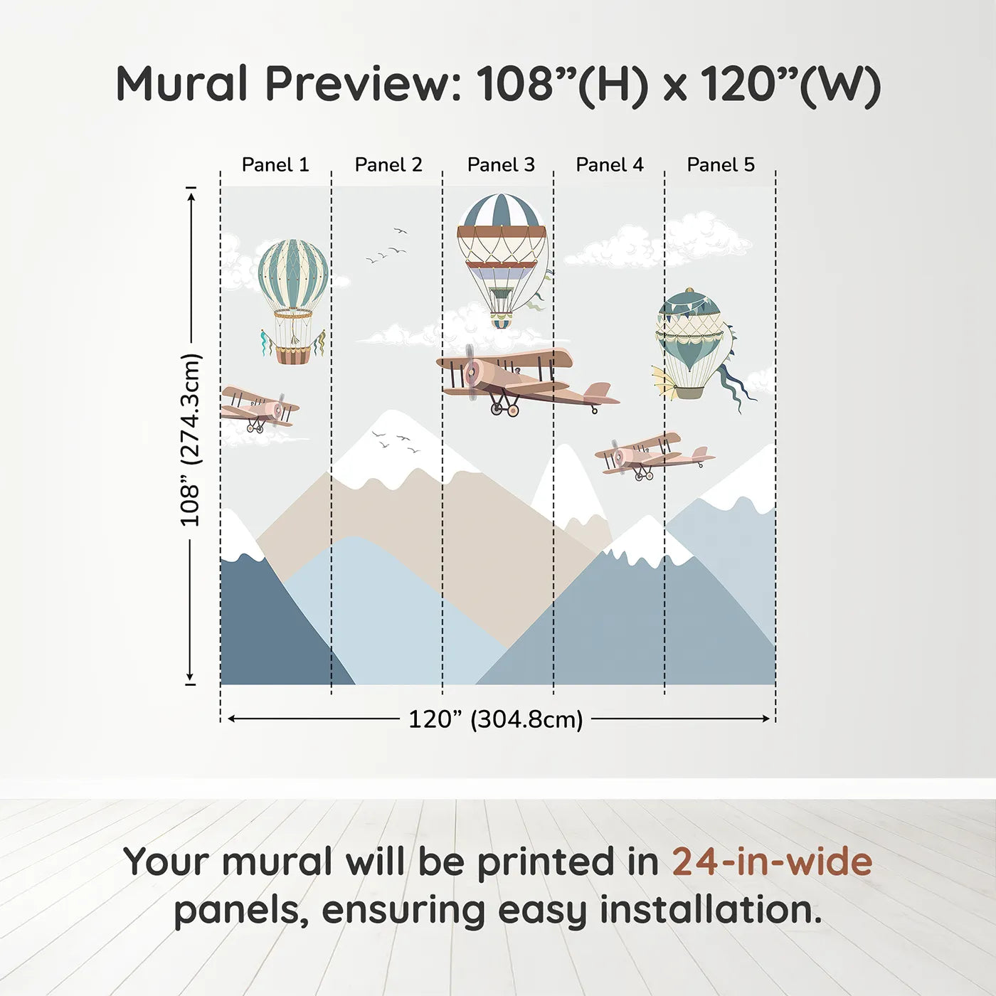 Whimsy Tots Mountain Air Rally Wall Muraldimension view (108" H x 120" W). Printed in five 24-inch-wide panels. Gender-Neutral