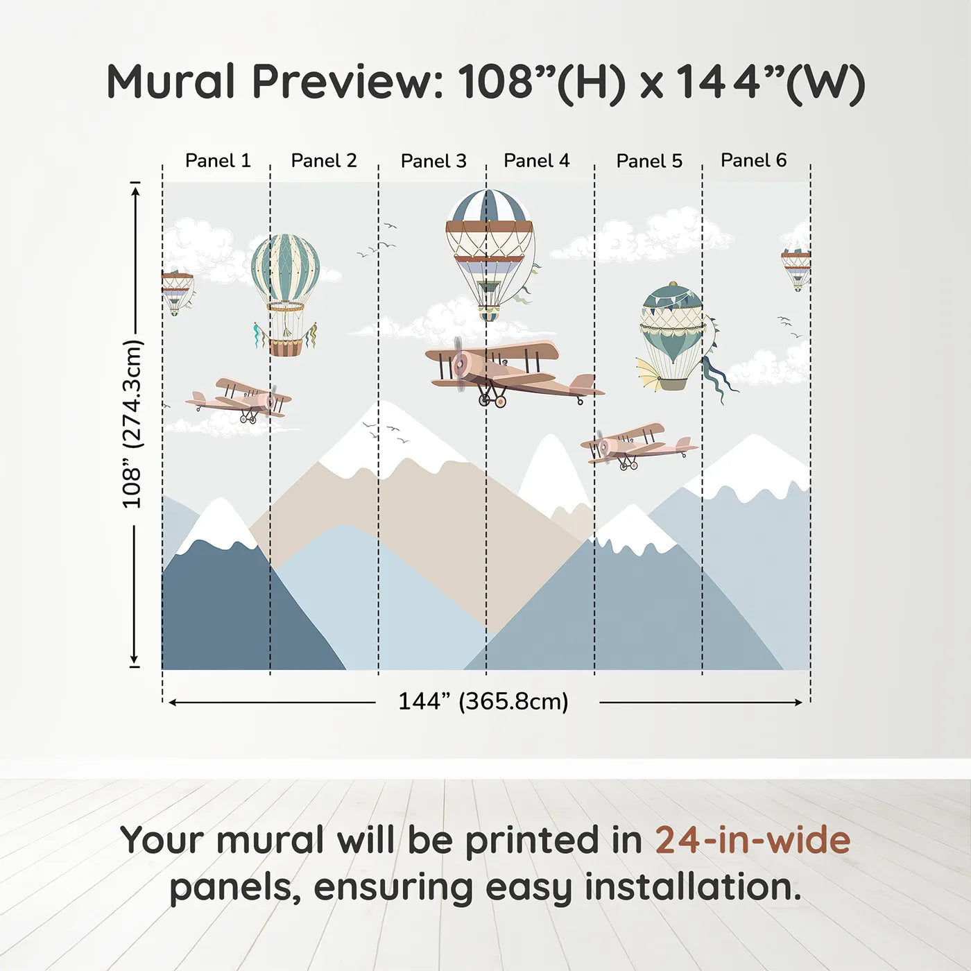 Whimsy Tots Mountain Air Rally Wall Muraldimension view (108" H x 144" W). Printed in six 24-inch-wide panels. Gender-Neutral