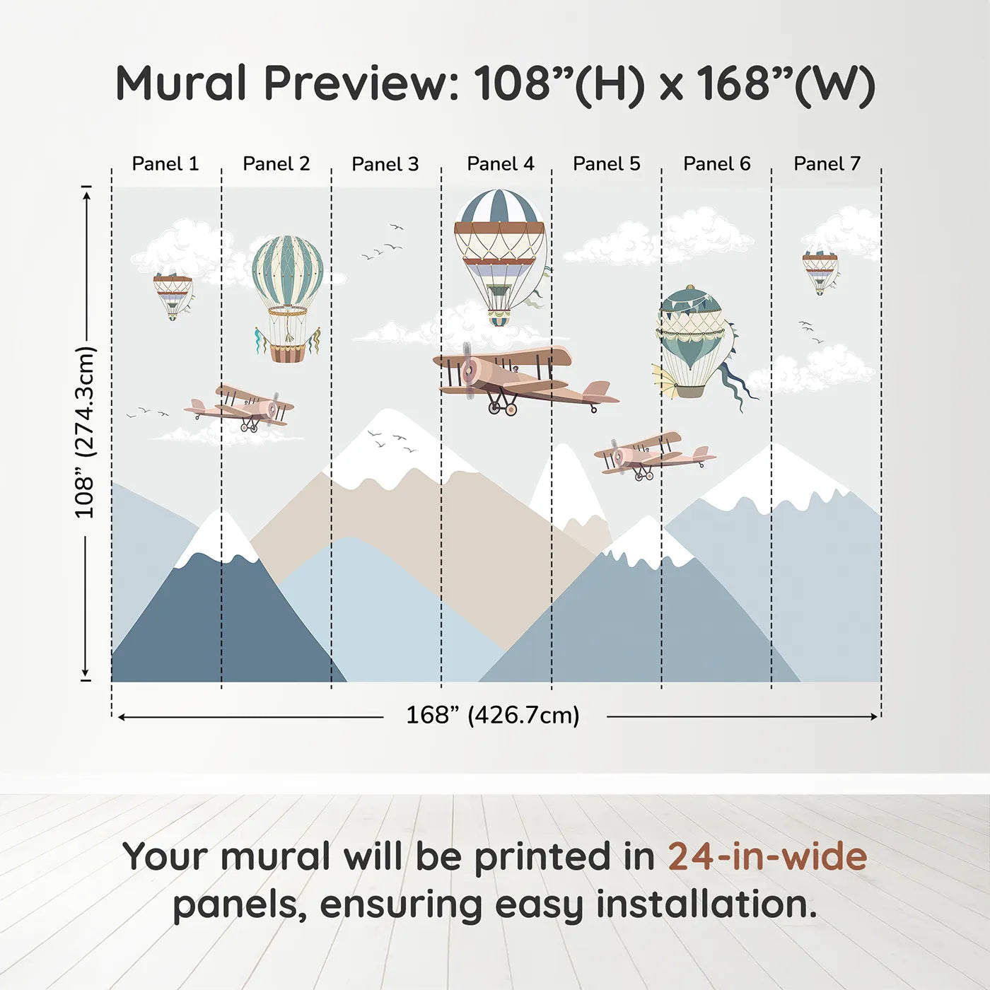 Whimsy Tots Mountain Air Rally Wall Muraldimension view (108" H x 168" W). Printed in seven 24-inch-wide panels. Gender-Neutral