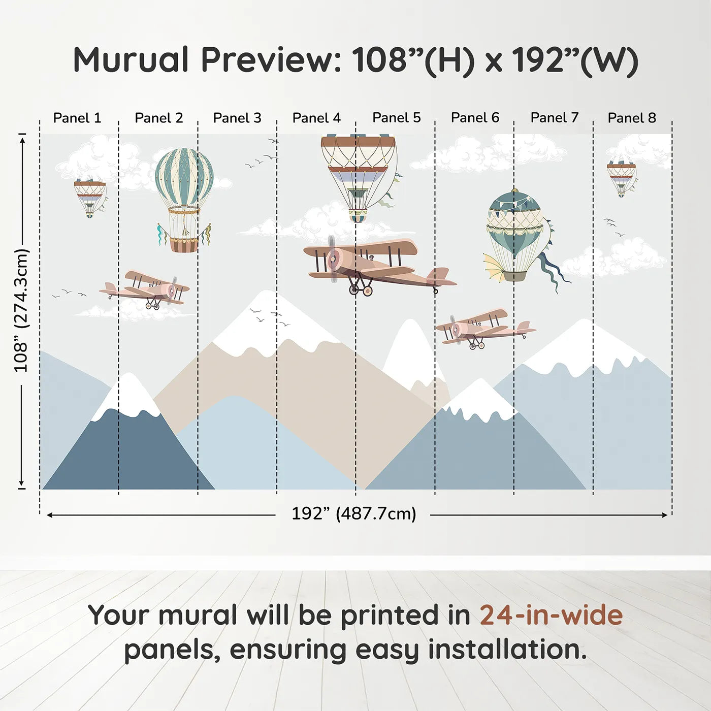 Whimsy Tots Mountain Air Rally Wall Muraldimension view (108" H x 192" W). Printed in eight 24-inch-wide panels. Gender-Neutral