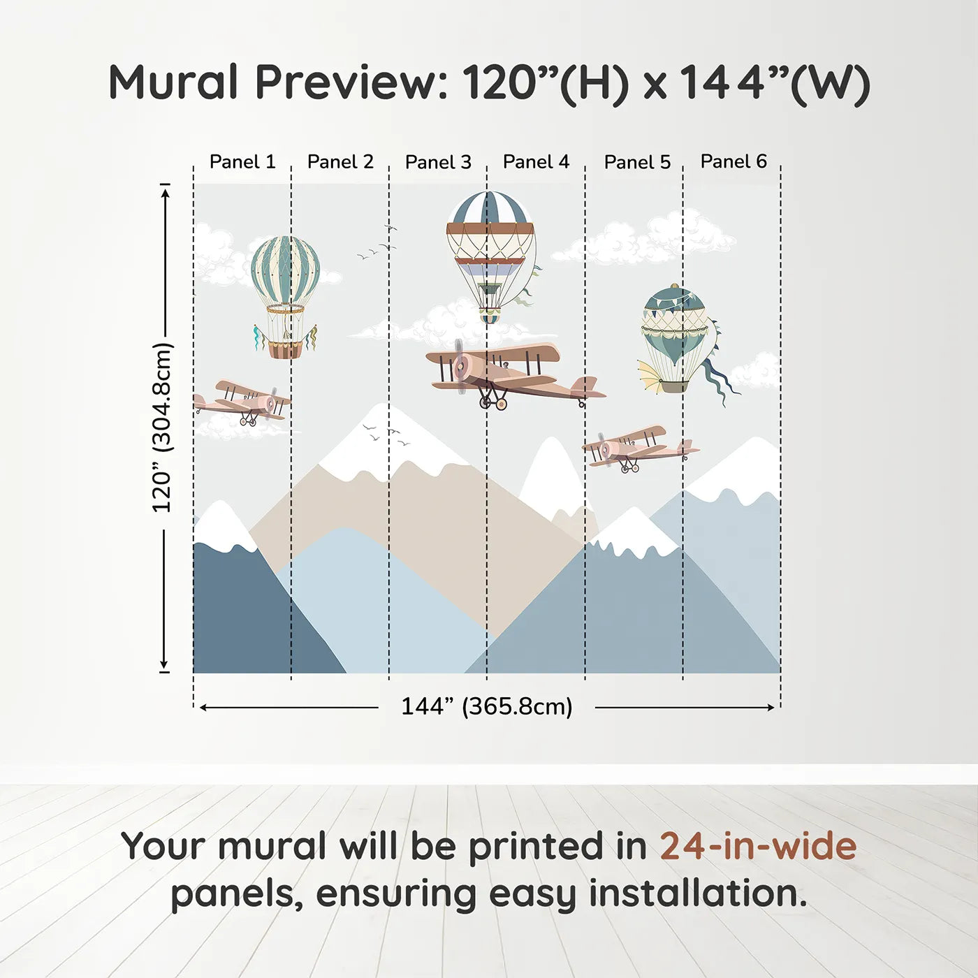 Whimsy Tots Mountain Air Rally Wall Muraldimension view (120" H x 144" W). Printed in six 24-inch-wide panels. Gender-Neutral