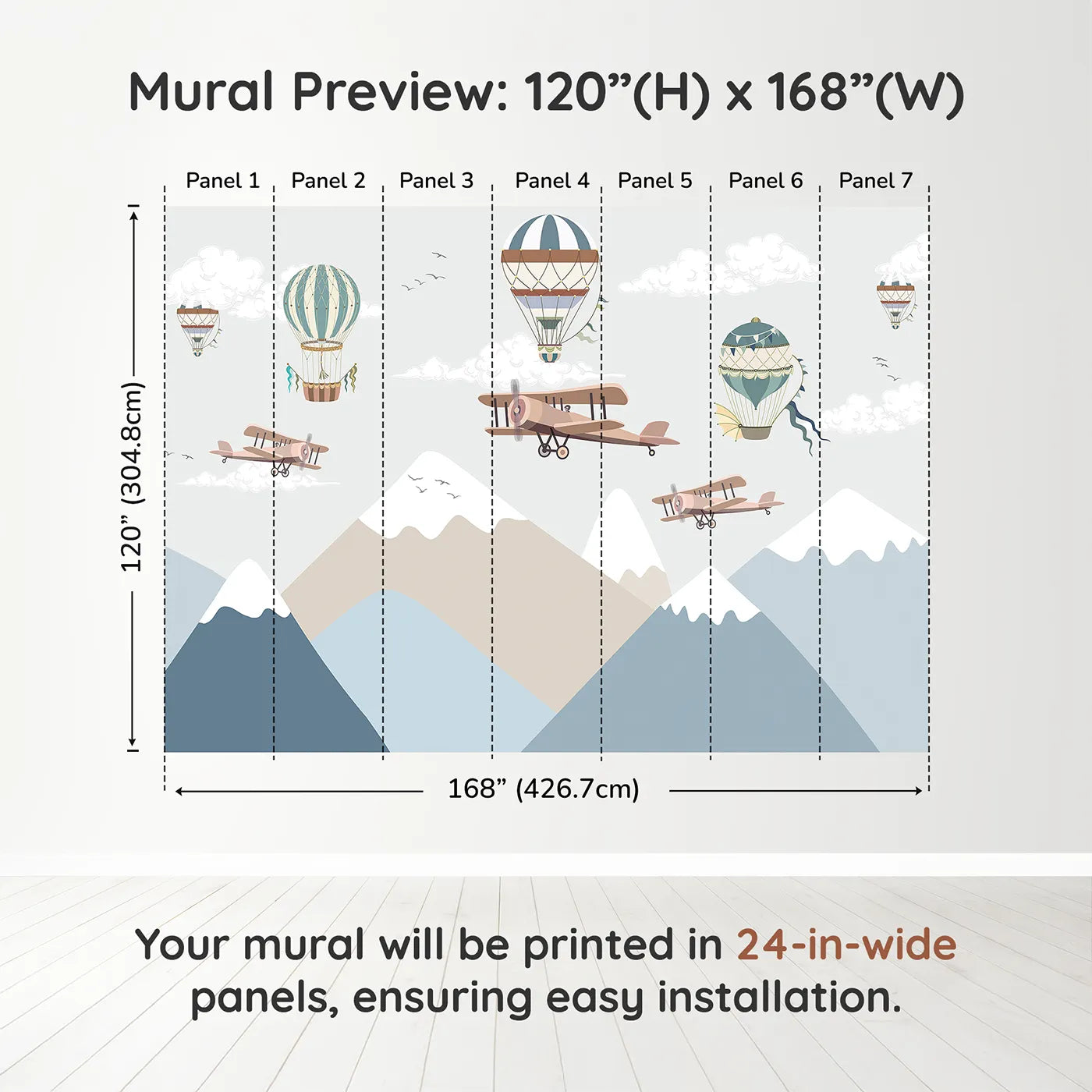 Whimsy Tots Mountain Air Rally Wall Muraldimension view (120" H x 168" W). Printed in seven 24-inch-wide panels. Gender-Neutral