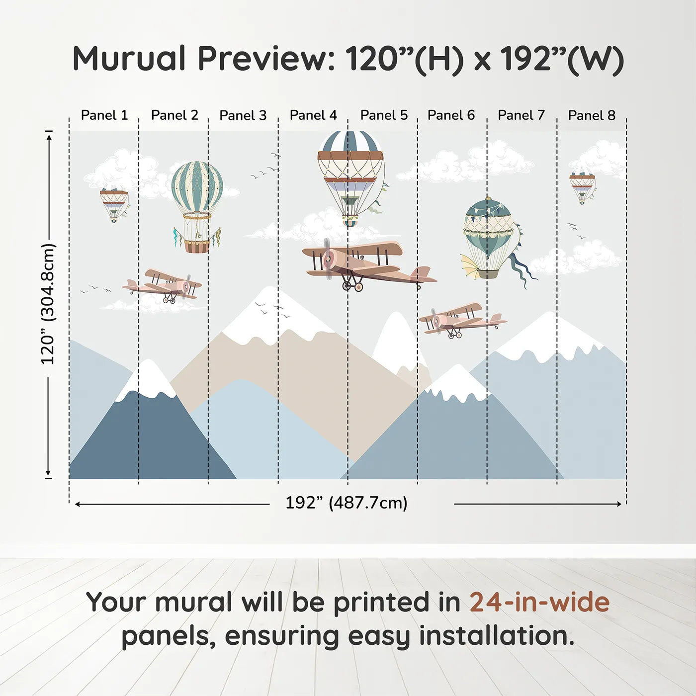 Whimsy Tots Mountain Air Rally Wall Muraldimension view (120" H x 192" W). Printed in eight 24-inch-wide panels. Gender-Neutral