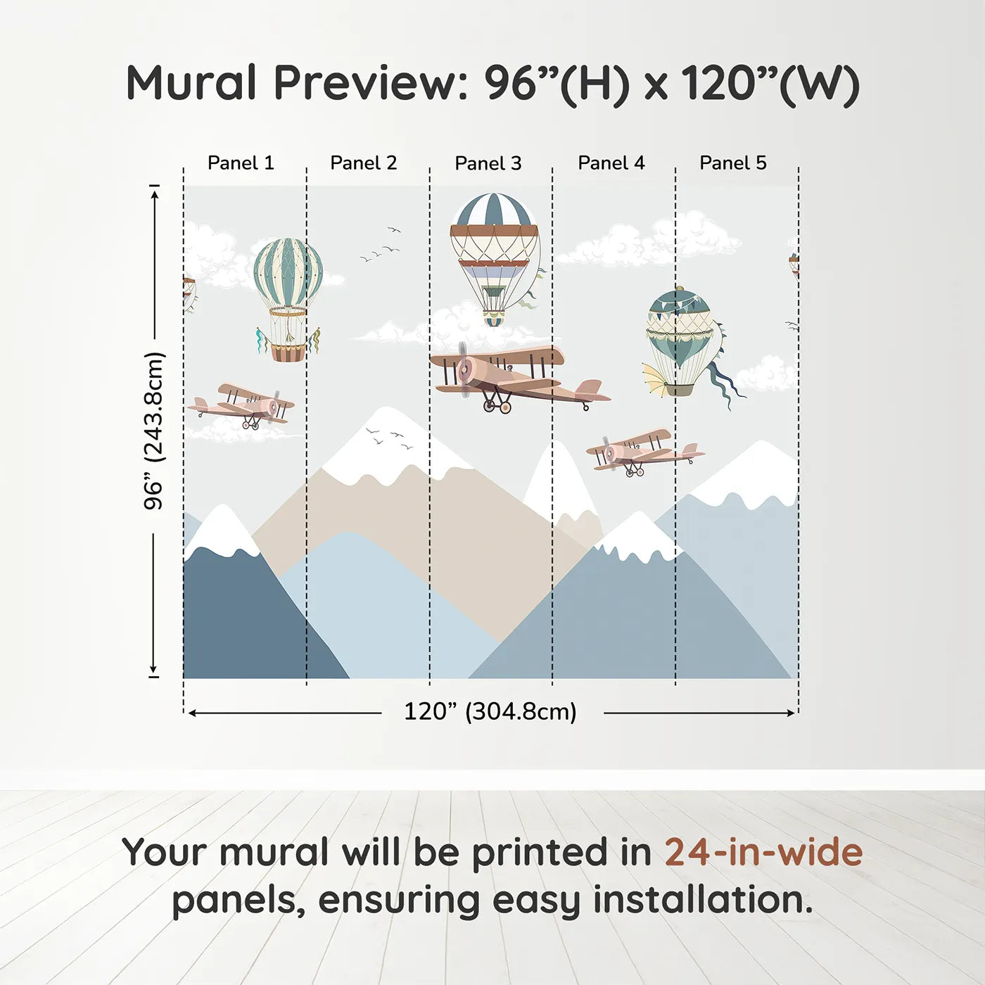 Whimsy Tots Mountain Air Rally Wall Muraldimension view (96" H x 120" W). Printed in five 24-inch-wide panels. Gender-Neutral