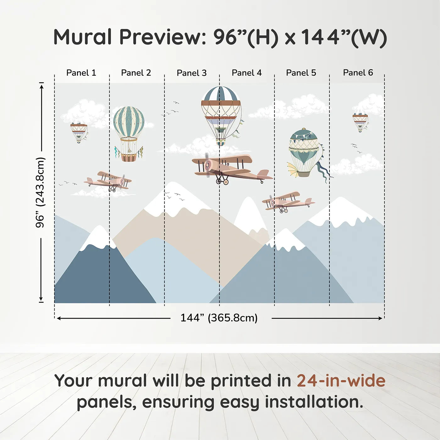 Whimsy Tots Mountain Air Rally Wall Muraldimension view (96" H x 144" W). Printed in six 24-inch-wide panels. Gender-Neutral