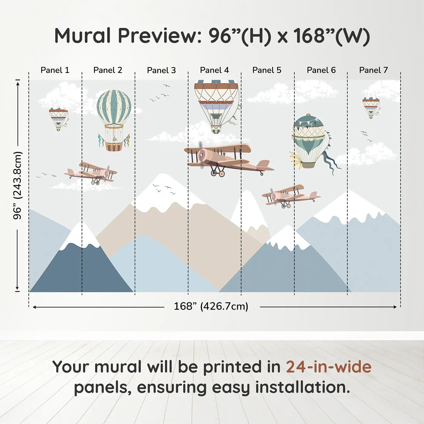 Whimsy Tots Mountain Air Rally Wall Muraldimension view (96" H x 168" W). Printed in seven 24-inch-wide panels. Gender-Neutral