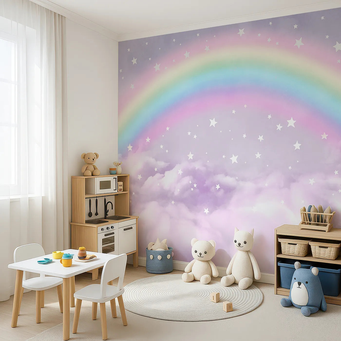 Angled view of Whimsy Tots' Pastel Rainbow Clouds Wall Mural (Turn Their Room into the Dreamiest, Most Magical Sky).Gender-Neutral