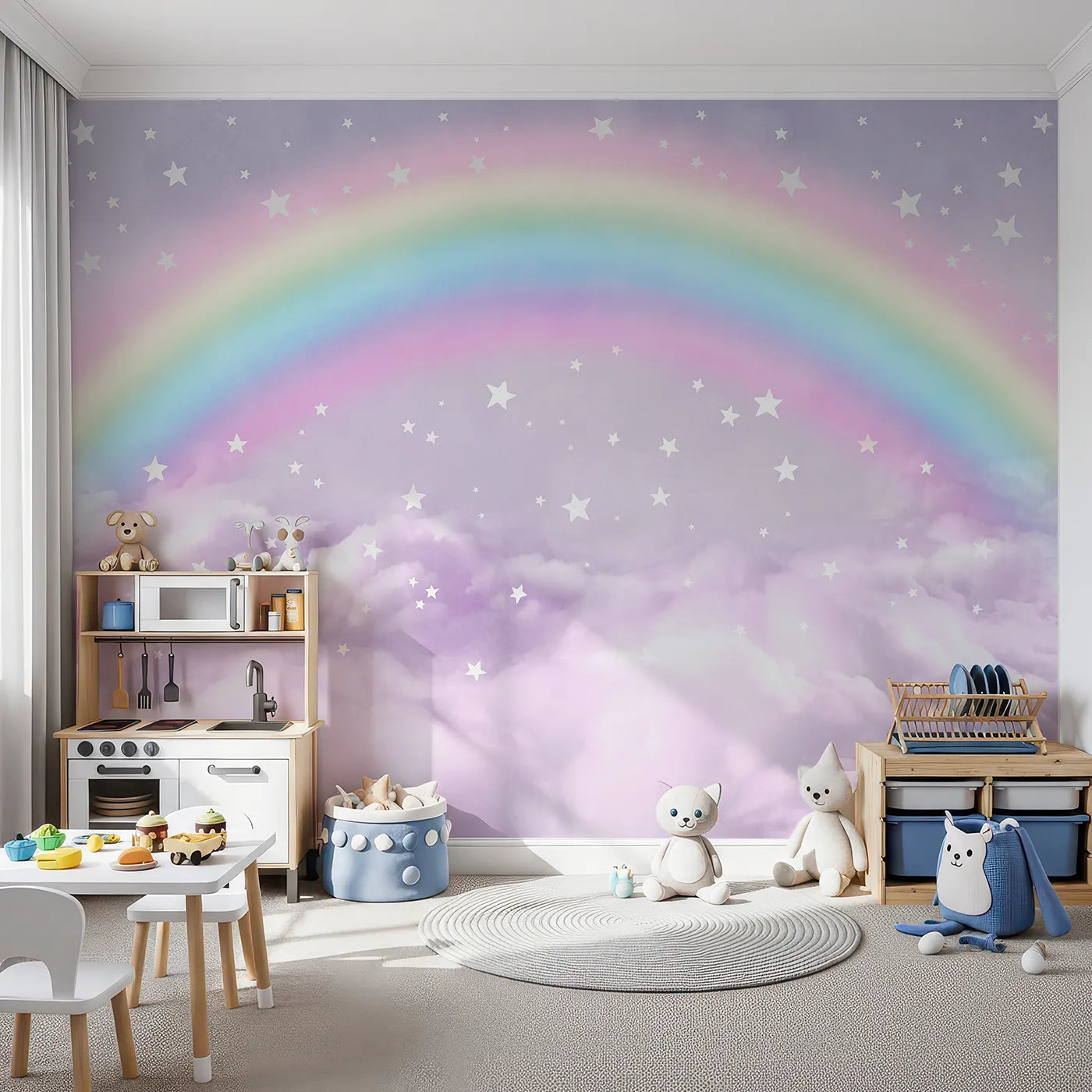 Front view of Whimsy Tots' Pastel Rainbow Clouds Wall Mural