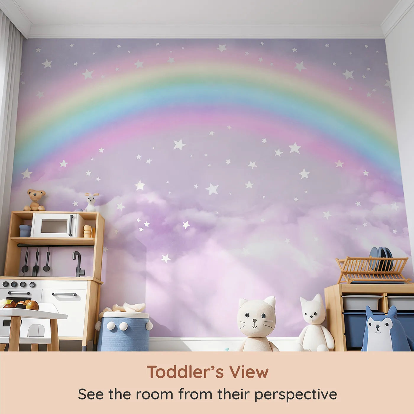 Whimsy Tots Pastel Rainbow Clouds Wall Mural (Turn Their Room into the Dreamiest, Most Magical Sky) from your child's view.Gender-Neutral
