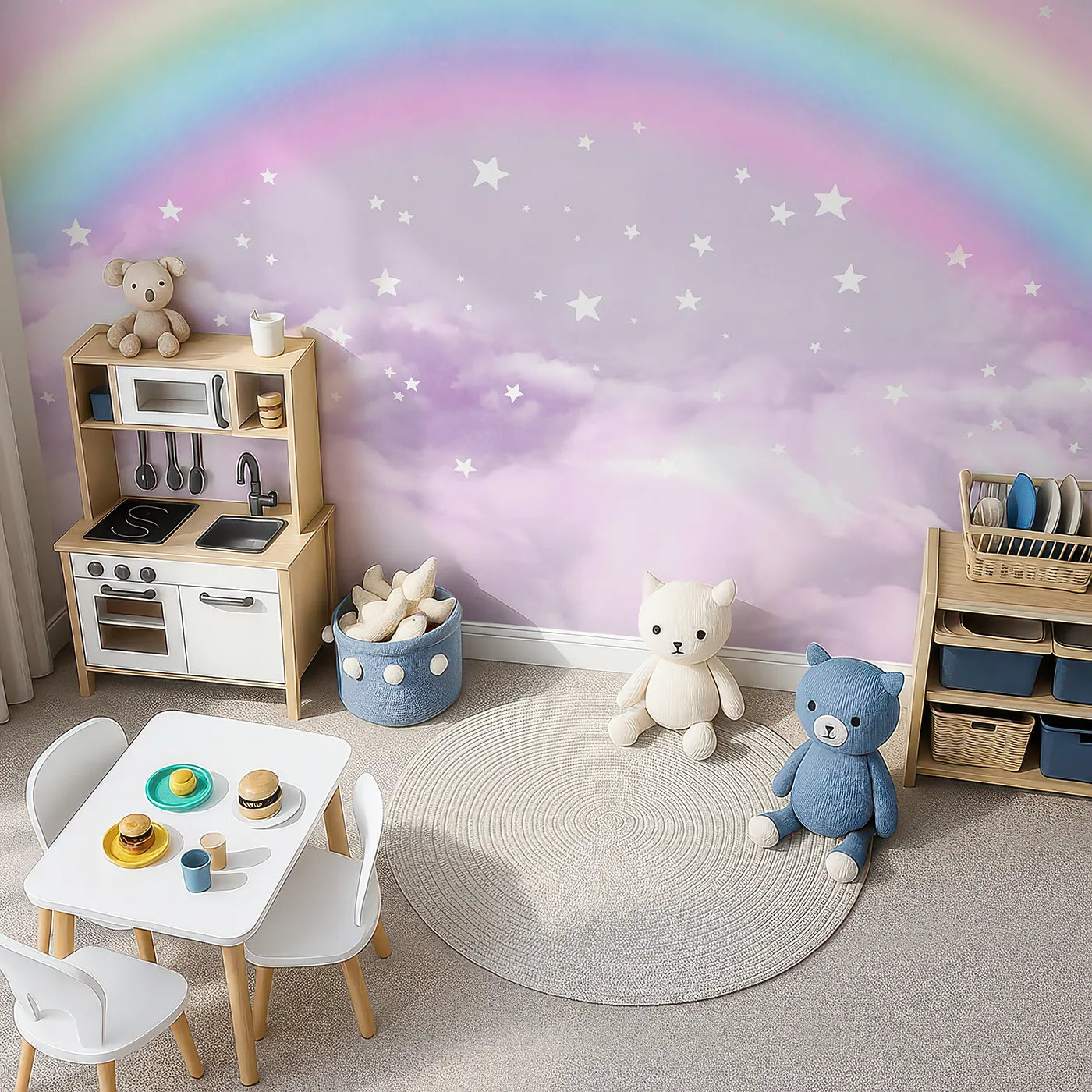 Top-down view of Whimsy Tots' Pastel Rainbow Clouds Wall Mural (Turn Their Room into the Dreamiest, Most Magical Sky).Gender-Neutral