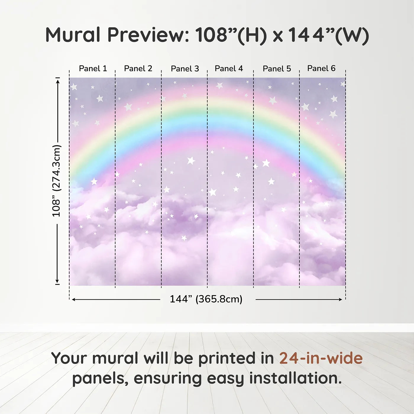 Whimsy Tots Pastel Rainbow Clouds Wall Muraldimension view (108" H x 144" W). Printed in six 24-inch-wide panels. Gender-Neutral
