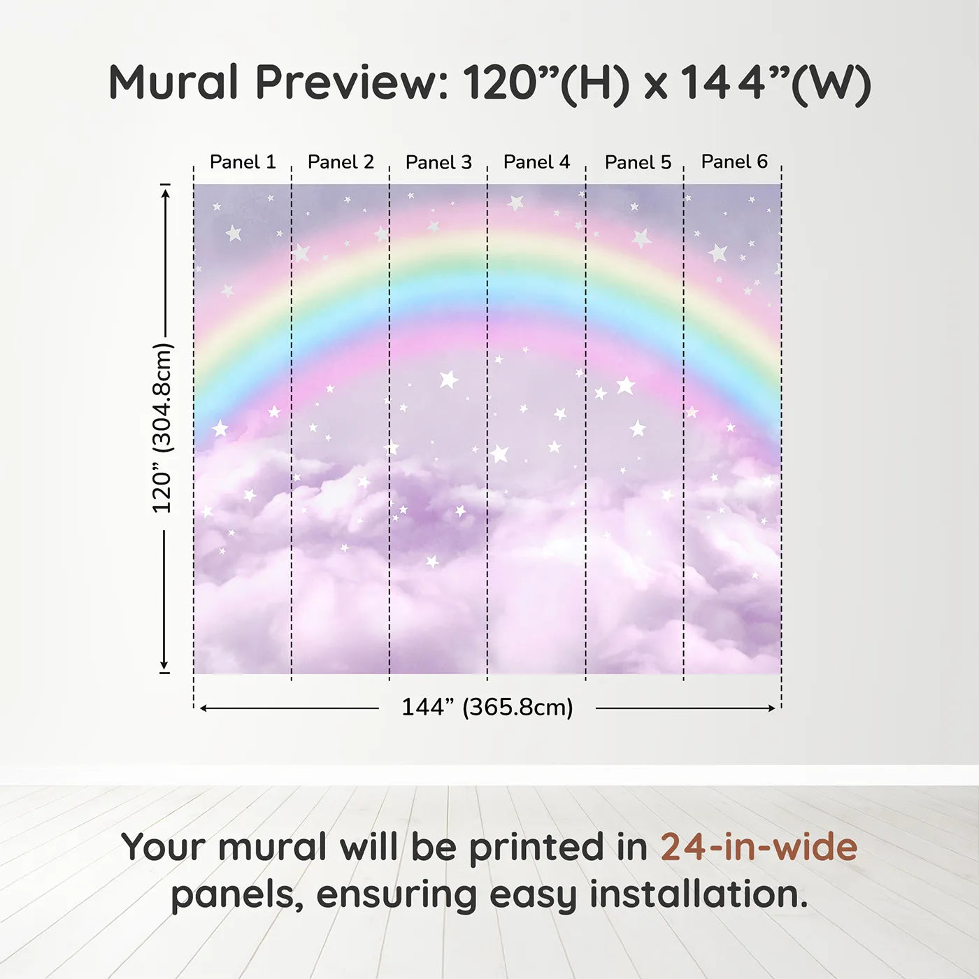 Whimsy Tots Pastel Rainbow Clouds Wall Muraldimension view (120" H x 144" W). Printed in six 24-inch-wide panels. Gender-Neutral
