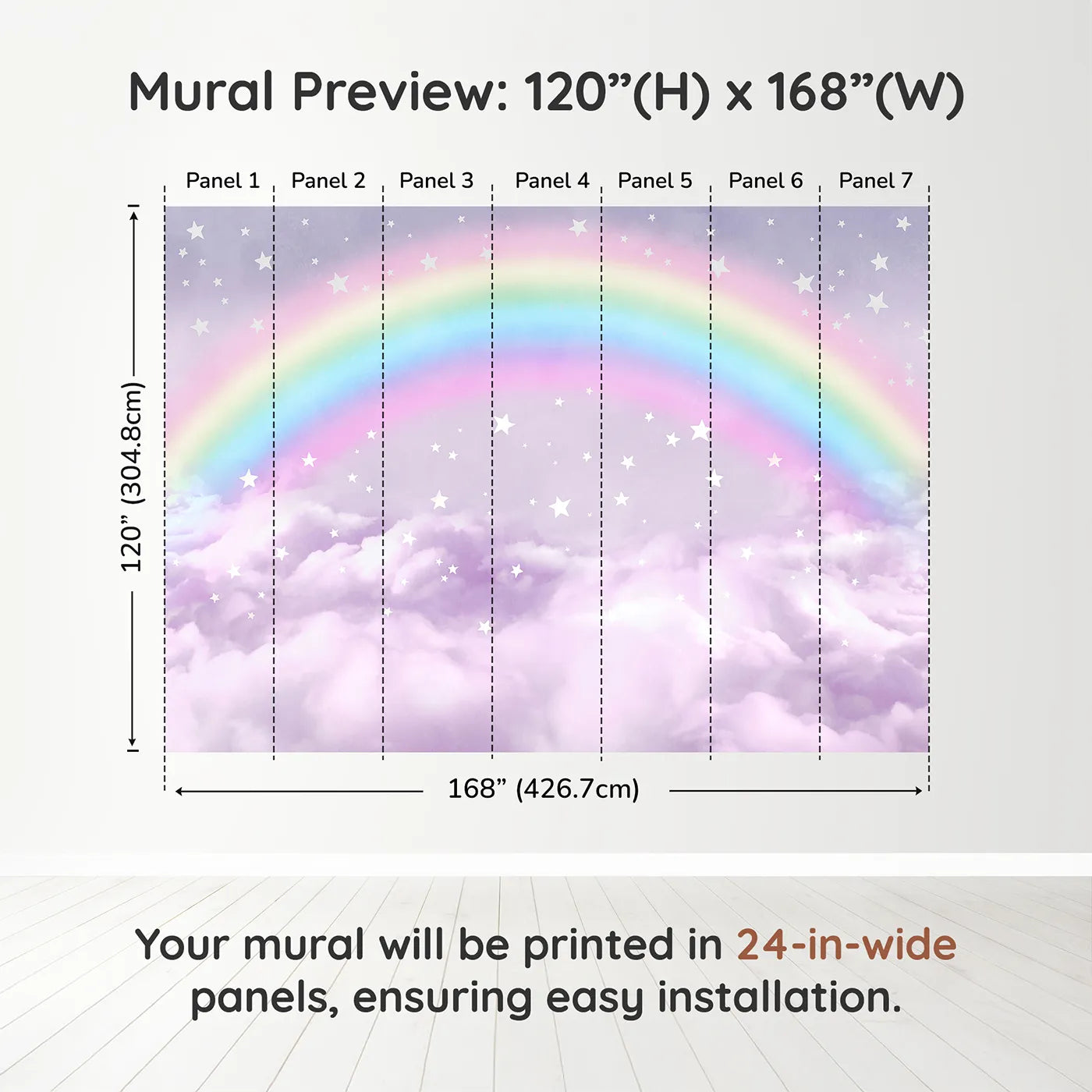 Whimsy Tots Pastel Rainbow Clouds Wall Muraldimension view (120" H x 168" W). Printed in seven 24-inch-wide panels. Gender-Neutral