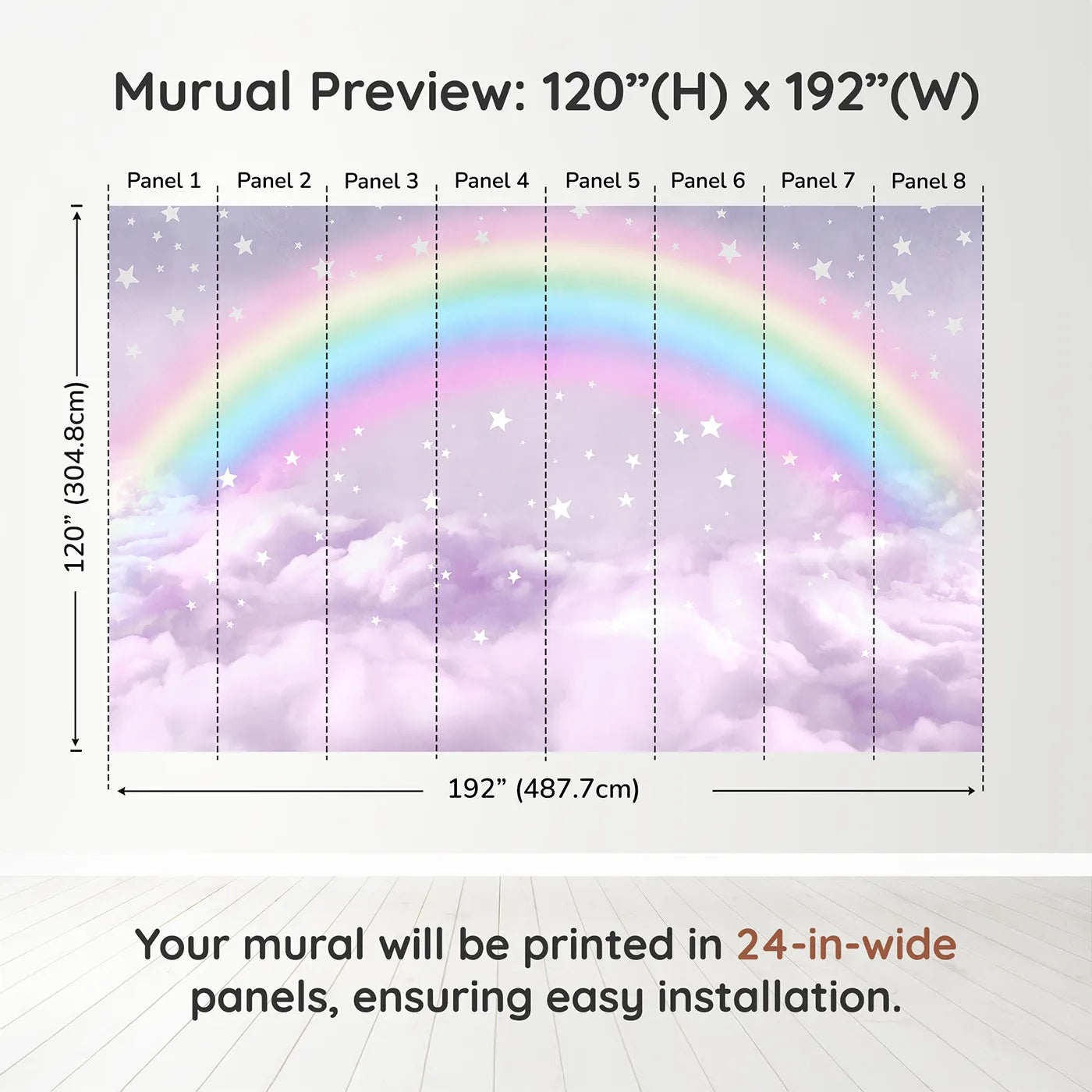 Whimsy Tots Pastel Rainbow Clouds Wall Muraldimension view (120" H x 192" W). Printed in eight 24-inch-wide panels. Gender-Neutral