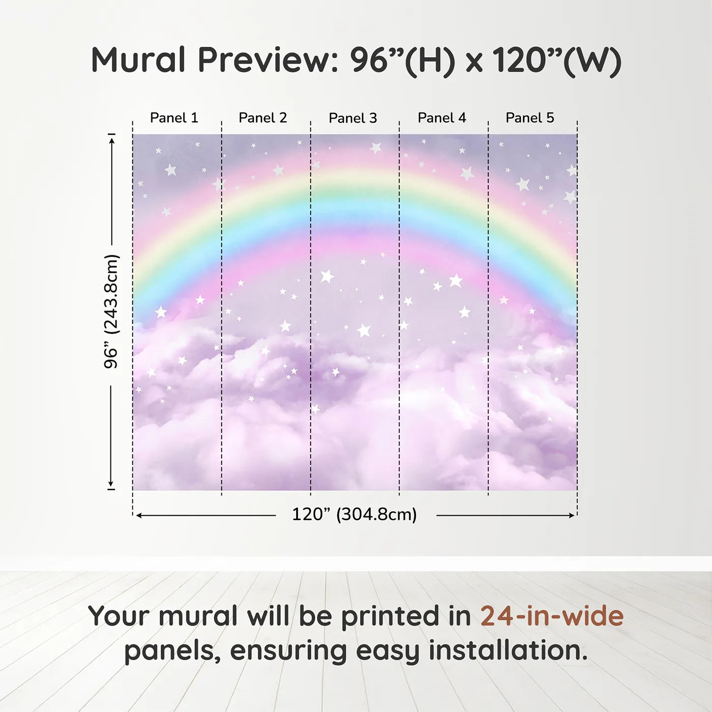 Whimsy Tots Pastel Rainbow Clouds Wall Muraldimension view (96" H x 120" W). Printed in five 24-inch-wide panels. Gender-Neutral