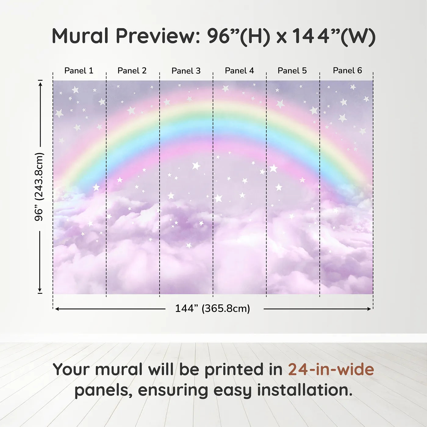Whimsy Tots Pastel Rainbow Clouds Wall Muraldimension view (96" H x 144" W). Printed in six 24-inch-wide panels. Gender-Neutral