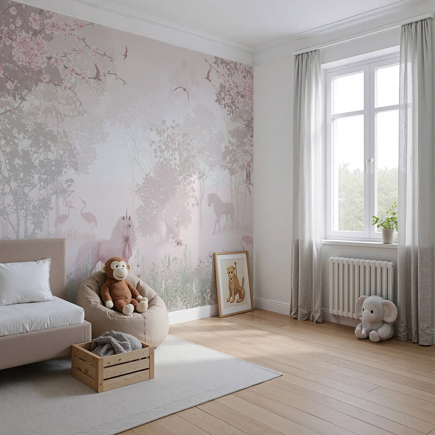 Angled view of Whimsy Tots' Unicorn and Fairy Forest Wall Mural (Turn Their Room into the Most Enchanted Woodland).Best for Girls