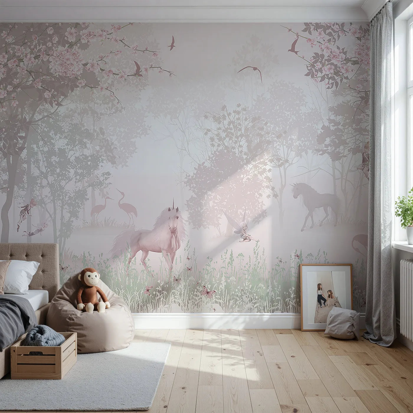 Front view of Whimsy Tots' Unicorn and Fairy Forest Wall Mural