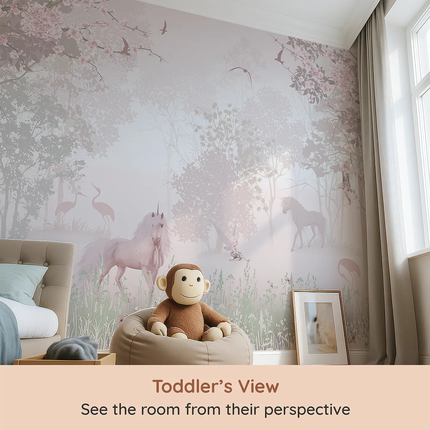 Whimsy Tots Unicorn and Fairy Forest Wall Mural (Turn Their Room into the Most Enchanted Woodland) from your child's view.Best for Girls