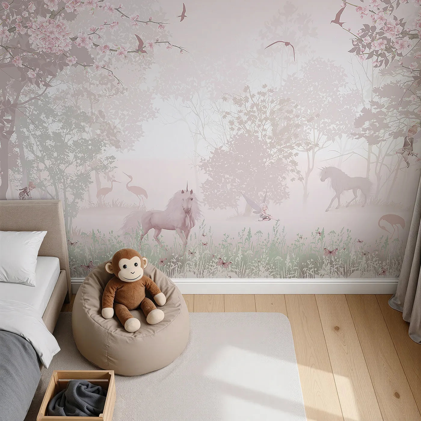 Top-down view of Whimsy Tots' Unicorn and Fairy Forest Wall Mural (Turn Their Room into the Most Enchanted Woodland).Best for Girls
