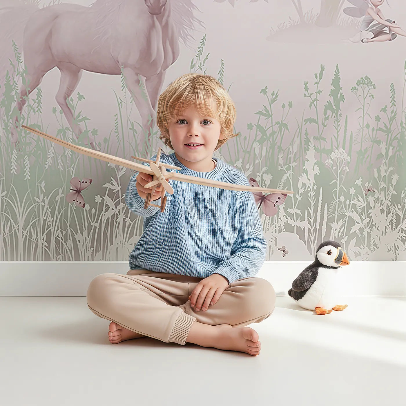 Child in front of Whimsy Tots Unicorn and Fairy Forest Wall Mural with unicorn, fairy, forest, pink, magical, fantasy, blossom, whimsical in design.