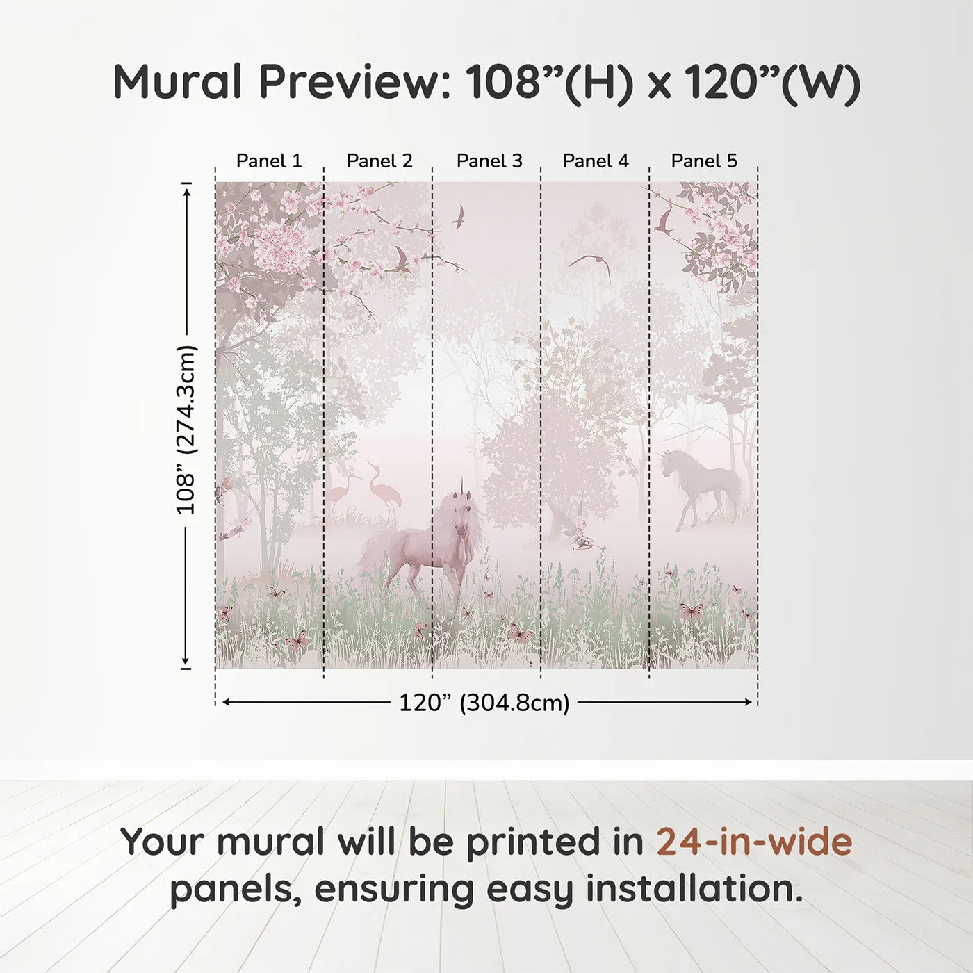 Whimsy Tots Unicorn and Fairy Forest Wall Muraldimension view (108" H x 120" W). Printed in five 24-inch-wide panels. Best for Girls