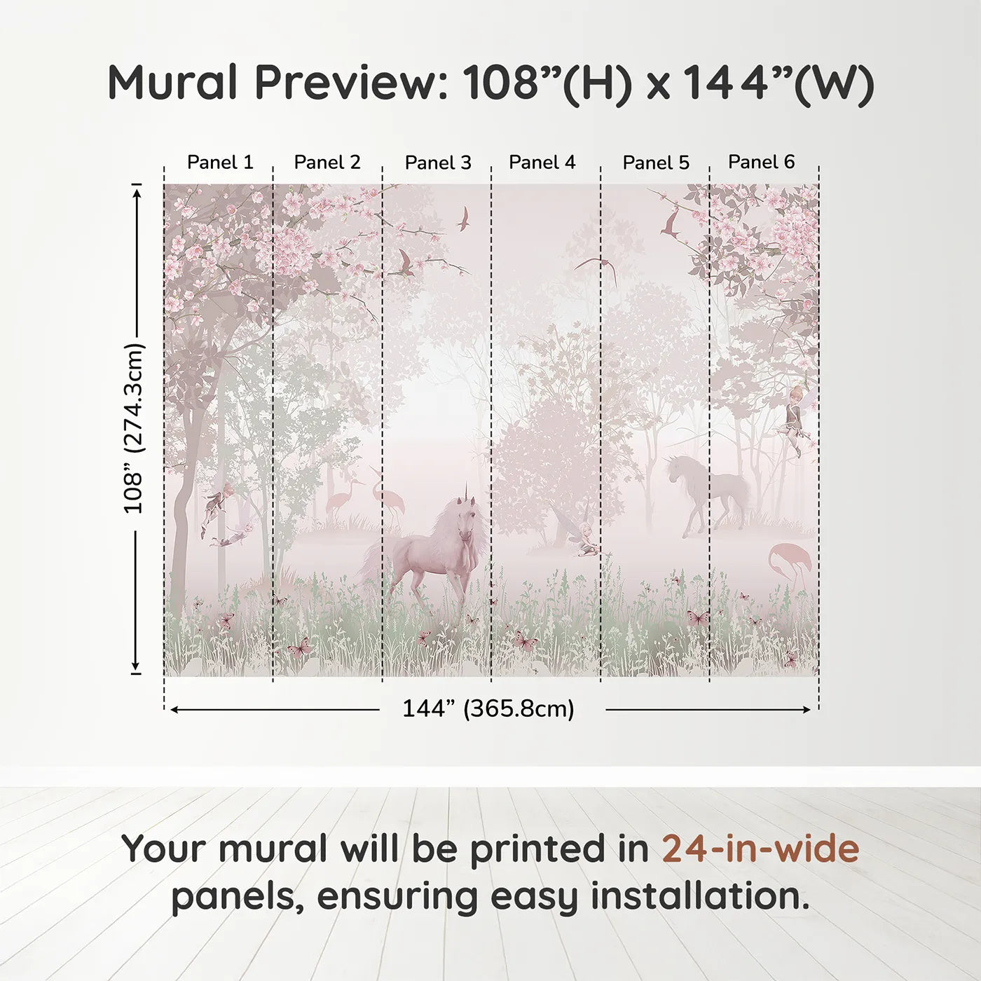 Whimsy Tots Unicorn and Fairy Forest Wall Muraldimension view (108" H x 144" W). Printed in six 24-inch-wide panels. Best for Girls