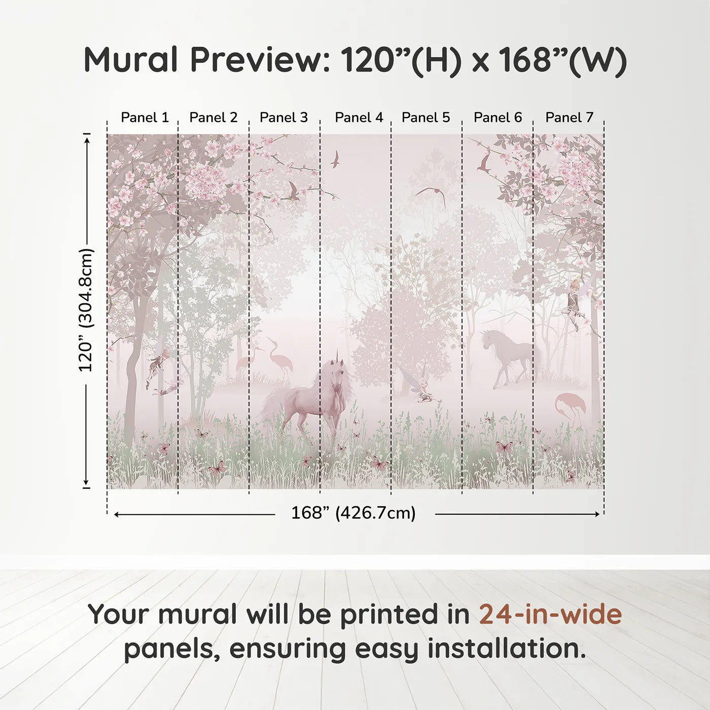 Whimsy Tots Unicorn and Fairy Forest Wall Muraldimension view (120" H x 168" W). Printed in seven 24-inch-wide panels. Best for Girls