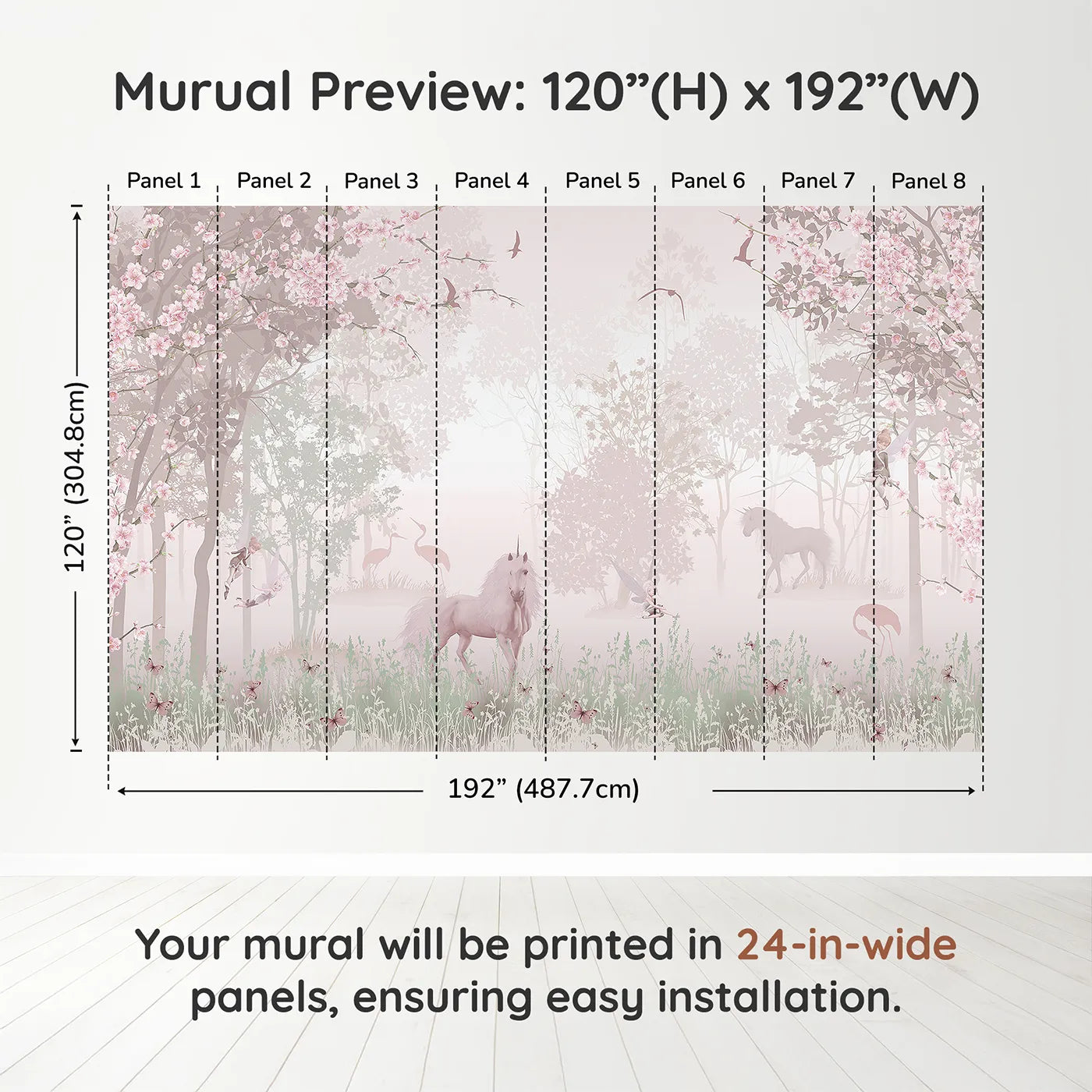 Whimsy Tots Unicorn and Fairy Forest Wall Muraldimension view (120" H x 192" W). Printed in eight 24-inch-wide panels. Best for Girls