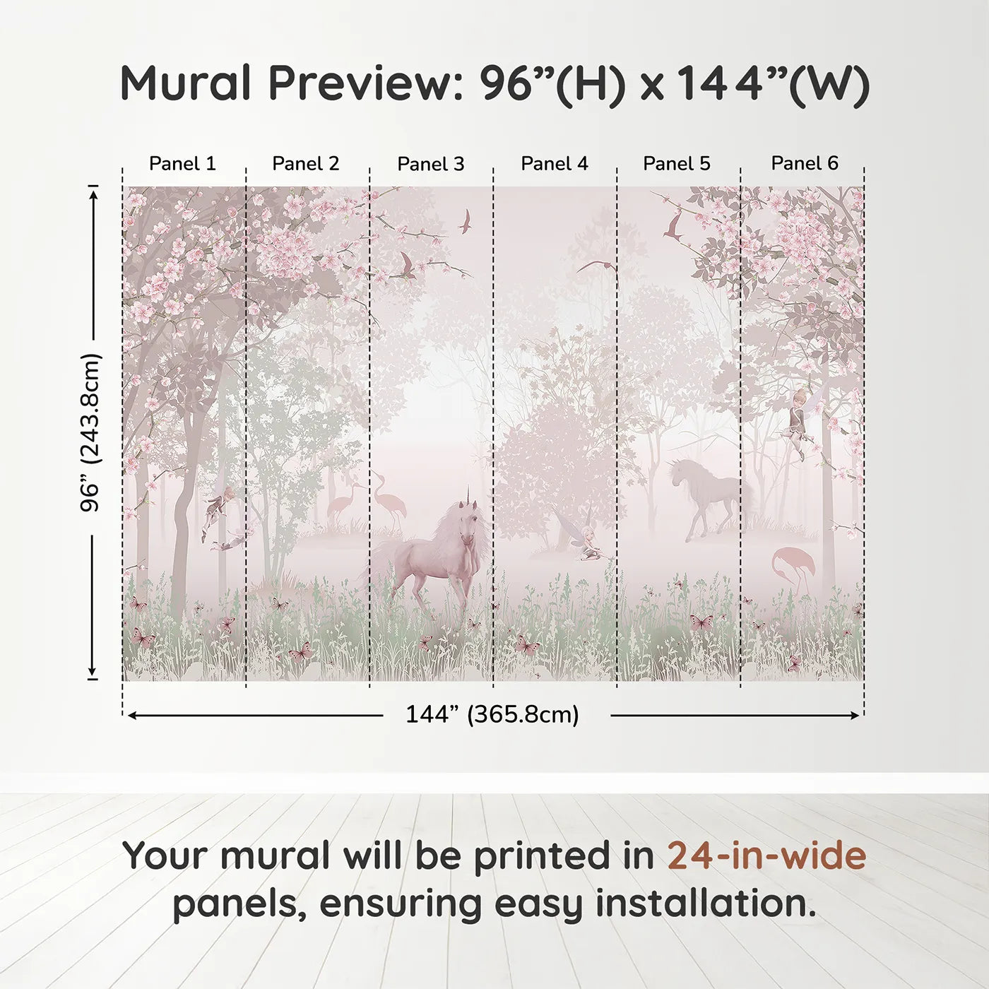 Whimsy Tots Unicorn and Fairy Forest Wall Muraldimension view (96" H x 144" W). Printed in six 24-inch-wide panels. Best for Girls
