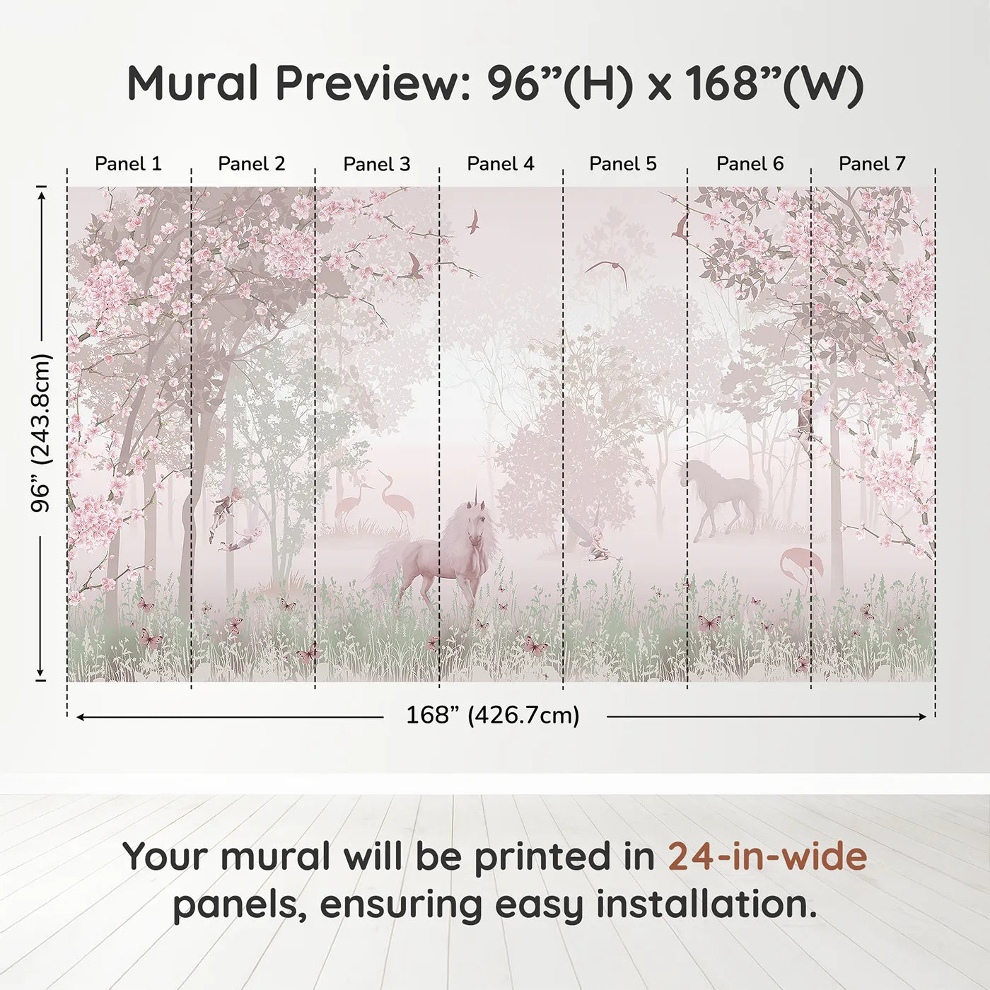Whimsy Tots Unicorn and Fairy Forest Wall Muraldimension view (96" H x 168" W). Printed in seven 24-inch-wide panels. Best for Girls