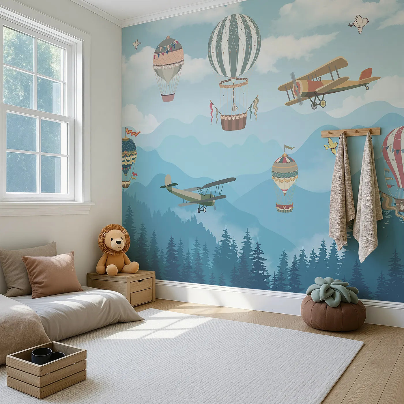 Angled view of Whimsy Tots' Whimsical Sky Rally Wall Mural (Turn Their Room into a Fun and Quirky Air Show).Gender-Neutral