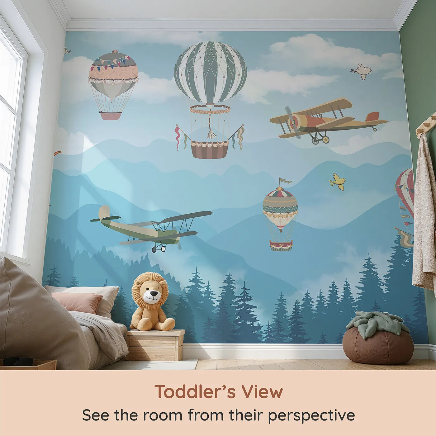 Whimsy Tots Whimsical Sky Rally Wall Mural (Turn Their Room into a Fun and Quirky Air Show) from your child's view.Gender-Neutral
