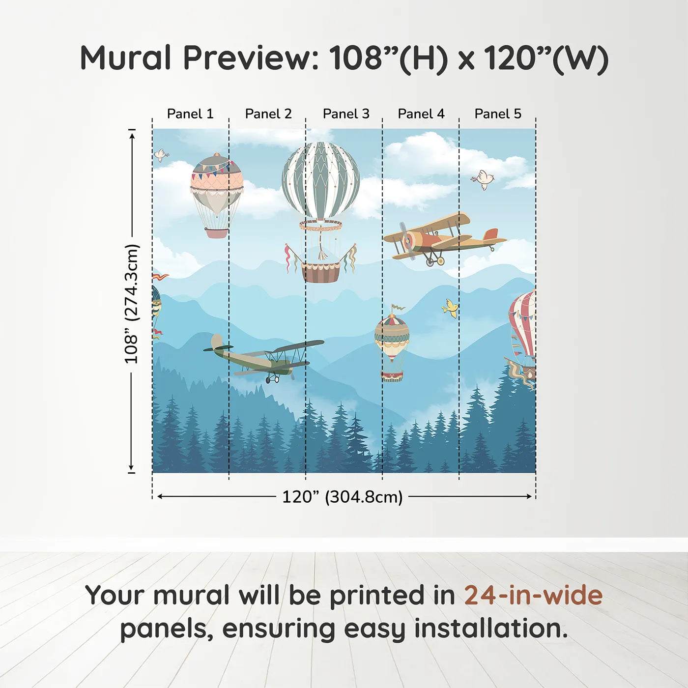 Whimsy Tots Whimsical Sky Rally Wall Muraldimension view (108" H x 120" W). Printed in five 24-inch-wide panels. Gender-Neutral
