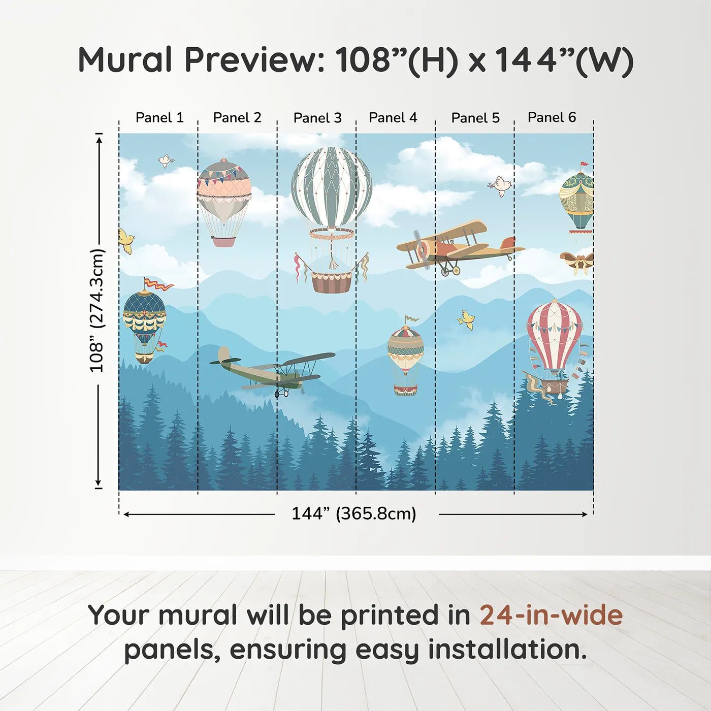 Whimsy Tots Whimsical Sky Rally Wall Muraldimension view (108" H x 144" W). Printed in six 24-inch-wide panels. Gender-Neutral