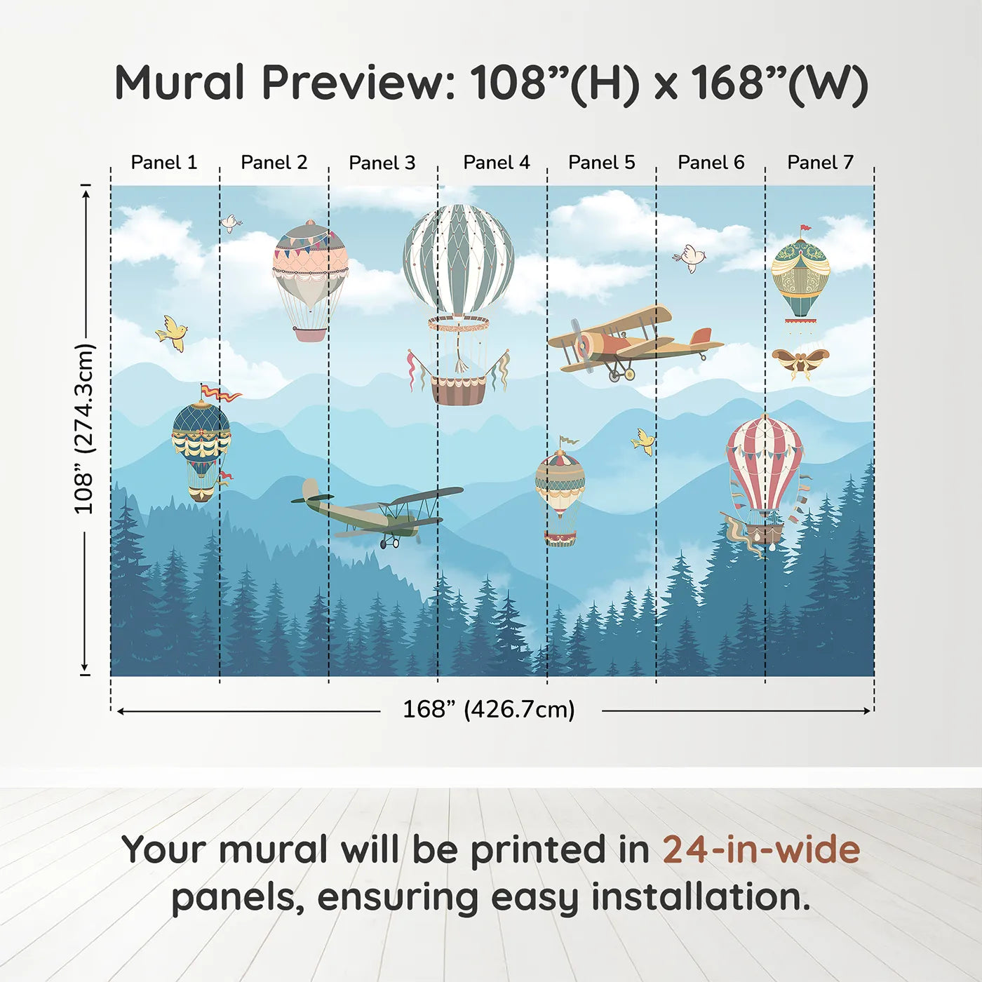Whimsy Tots Whimsical Sky Rally Wall Muraldimension view (108" H x 168" W). Printed in seven 24-inch-wide panels. Gender-Neutral