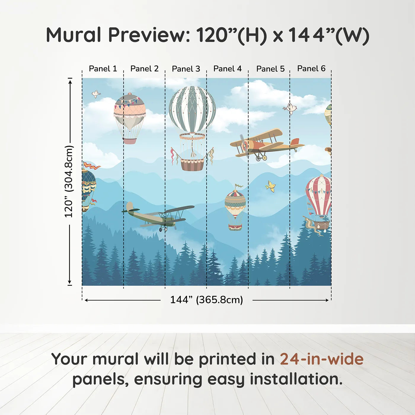 Whimsy Tots Whimsical Sky Rally Wall Muraldimension view (120" H x 144" W). Printed in six 24-inch-wide panels. Gender-Neutral