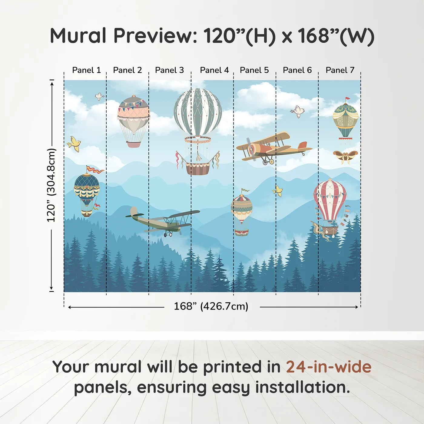 Whimsy Tots Whimsical Sky Rally Wall Muraldimension view (120" H x 168" W). Printed in seven 24-inch-wide panels. Gender-Neutral