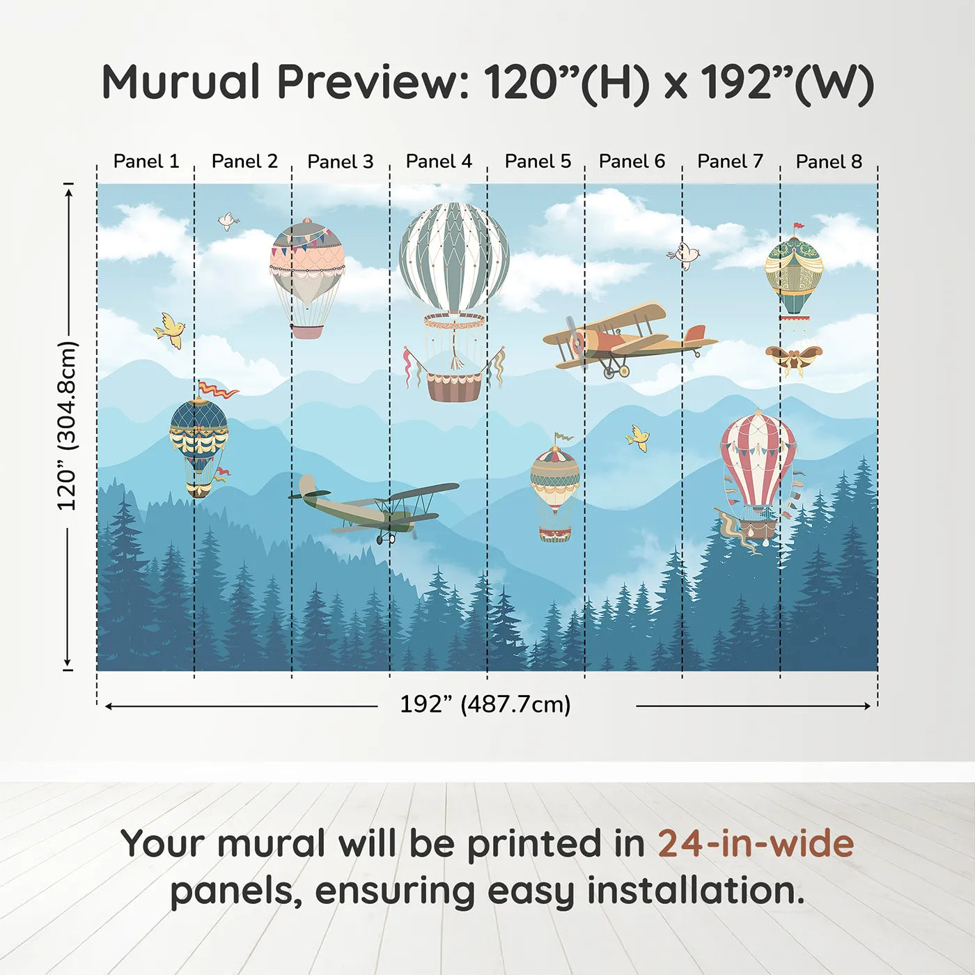 Whimsy Tots Whimsical Sky Rally Wall Muraldimension view (120" H x 192" W). Printed in eight 24-inch-wide panels. Gender-Neutral