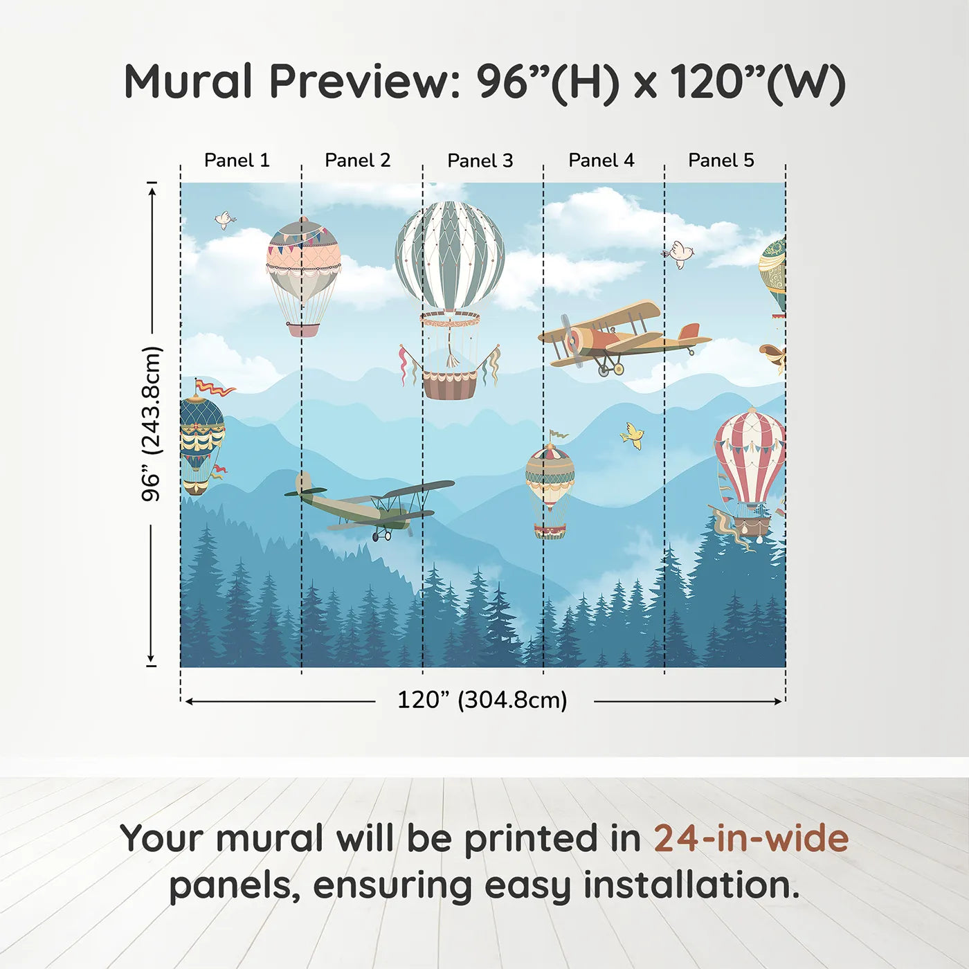 Whimsy Tots Whimsical Sky Rally Wall Muraldimension view (96" H x 120" W). Printed in five 24-inch-wide panels. Gender-Neutral