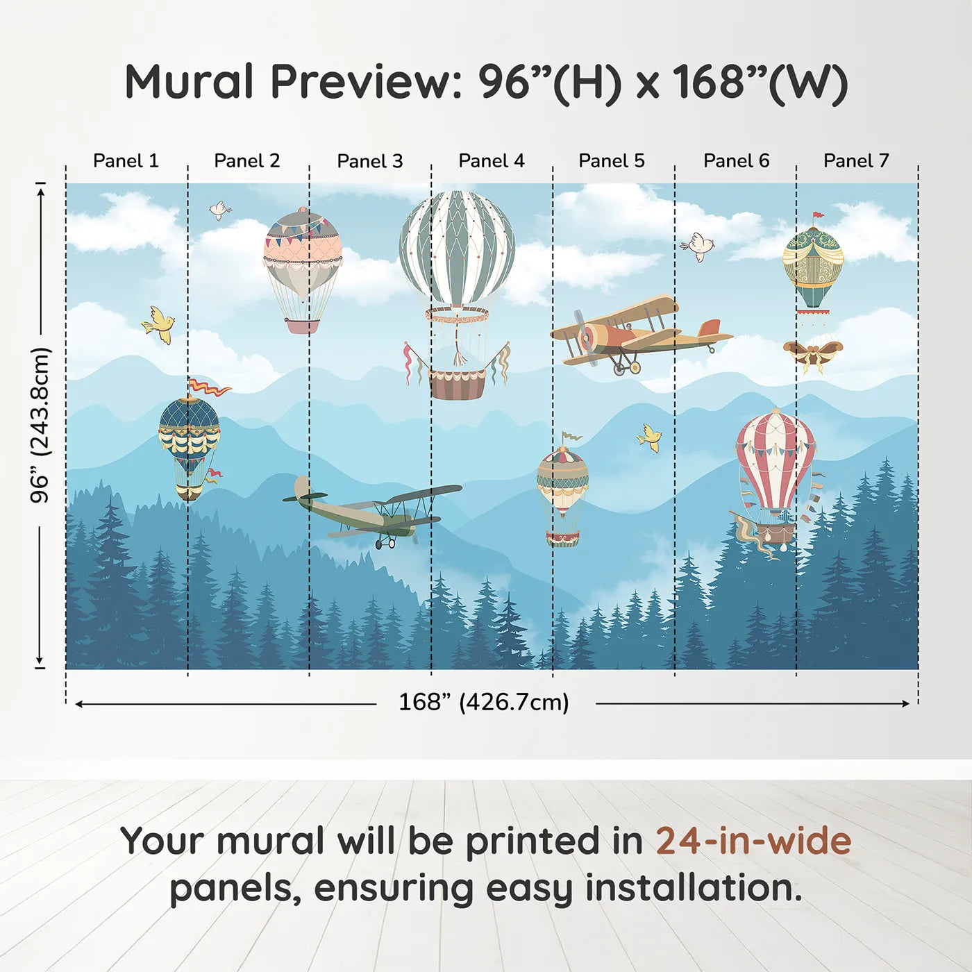 Whimsy Tots Whimsical Sky Rally Wall Muraldimension view (96" H x 168" W). Printed in seven 24-inch-wide panels. Gender-Neutral