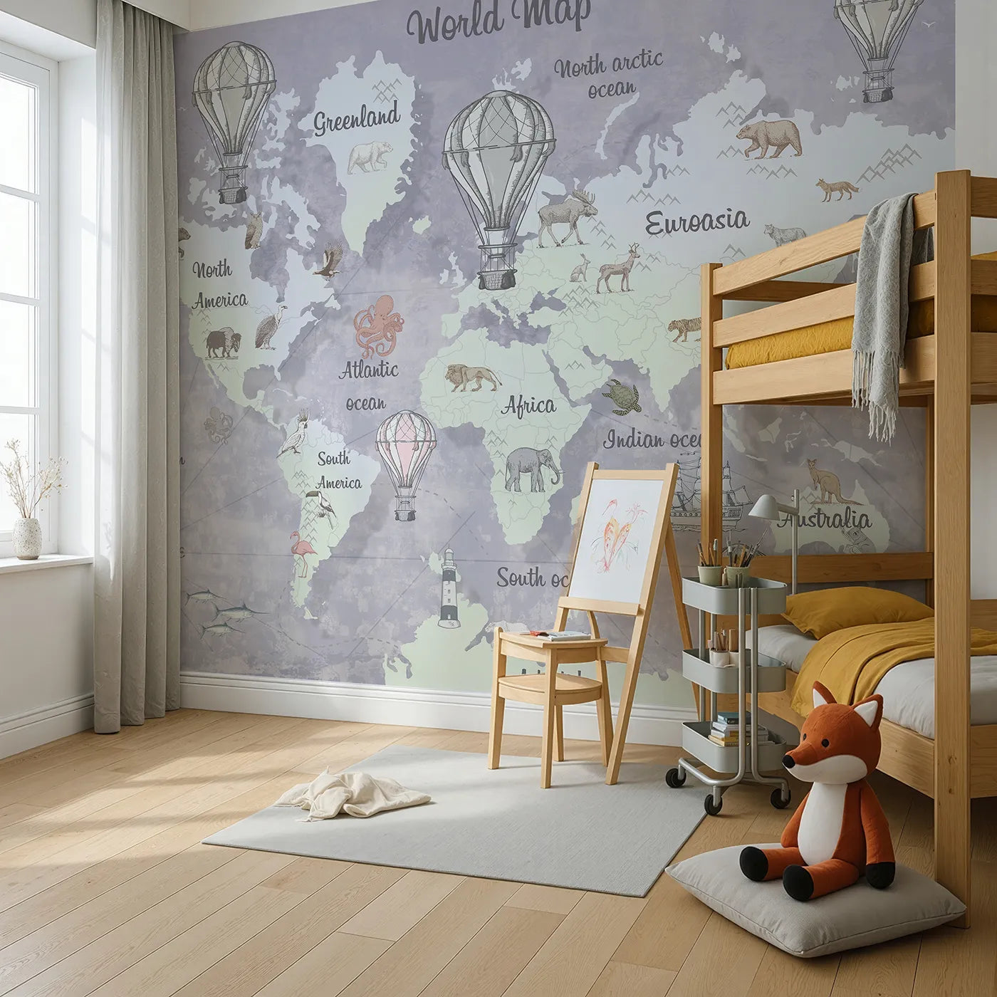 Angled view of Whimsy Tots' Vintage World Map Wall Mural in Gray (Turn Their Room into a Classic, Old-World Adventure).Gender-Neutral
