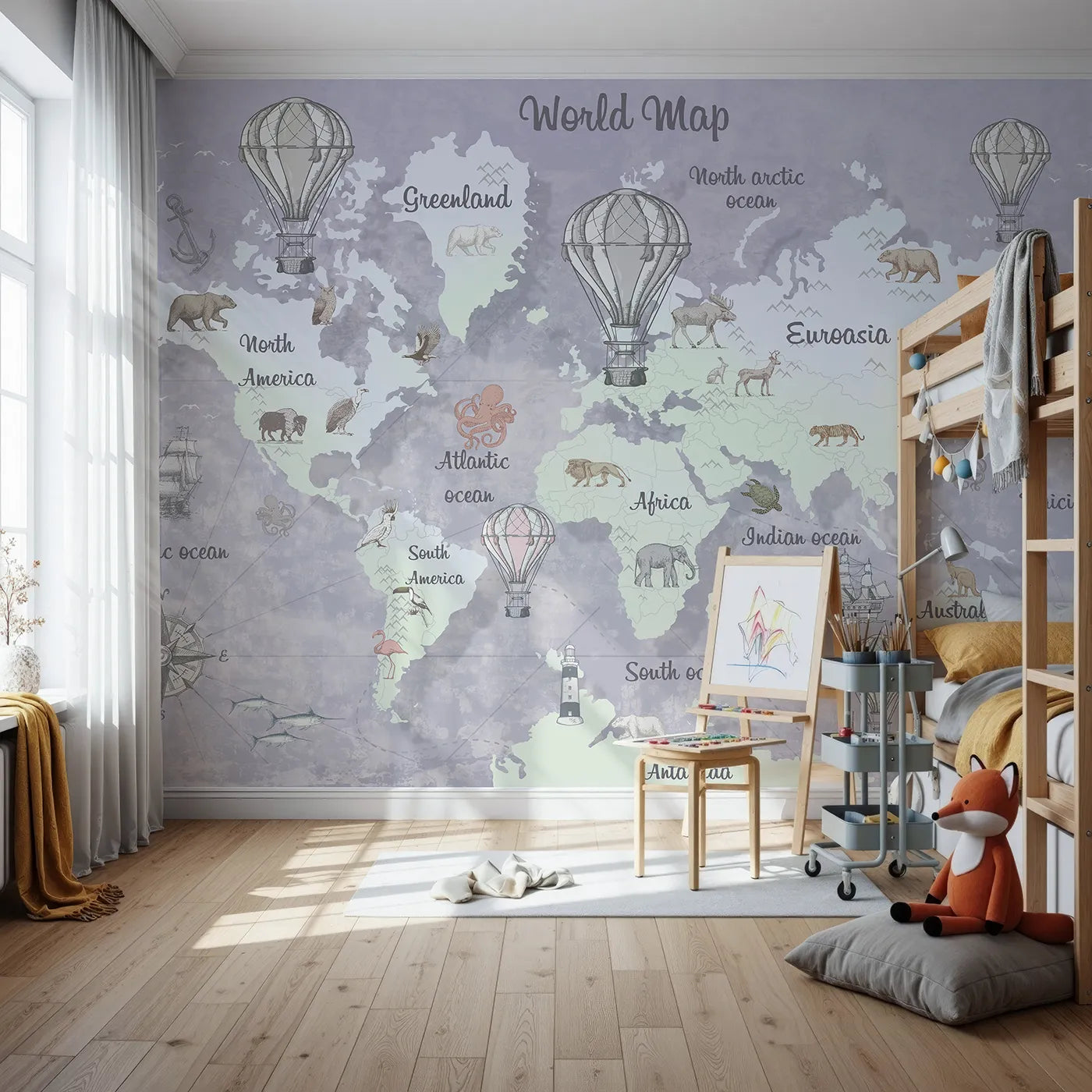 Front view of Whimsy Tots' Vintage World Map Wall Mural in Gray