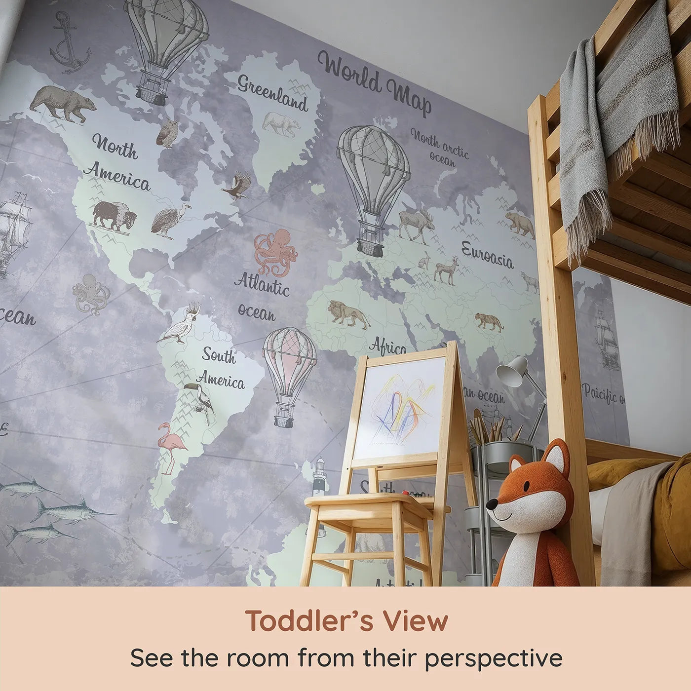 Whimsy Tots Vintage World Map Wall Mural in Gray (Turn Their Room into a Classic, Old-World Adventure) from your child's view.Gender-Neutral