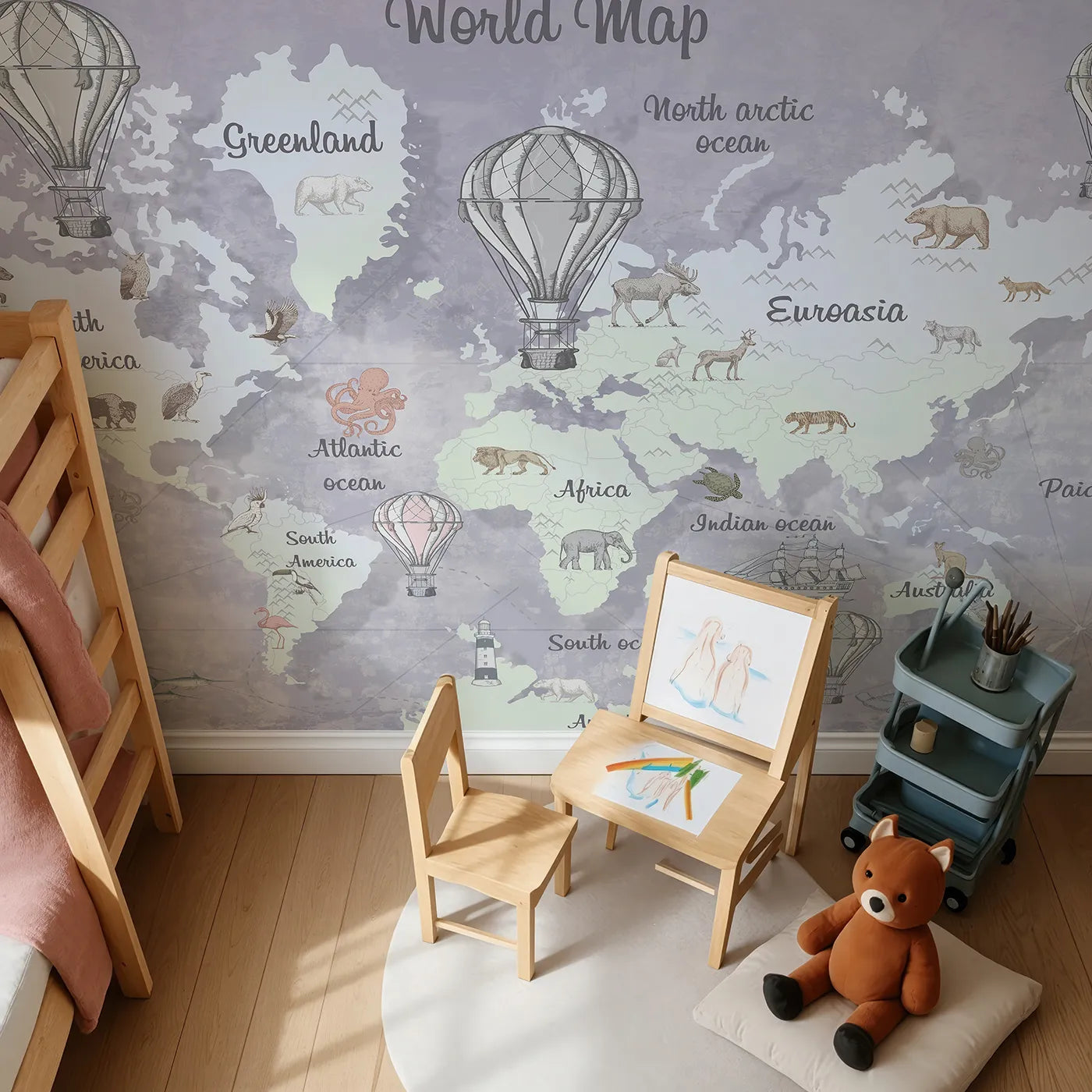 Top-down view of Whimsy Tots' Vintage World Map Wall Mural in Gray (Turn Their Room into a Classic, Old-World Adventure).Gender-Neutral
