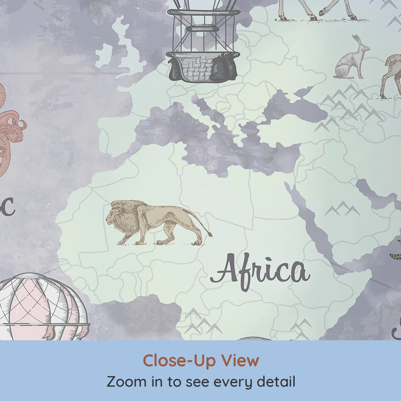 Close-up view of Whimsy Tots' Vintage World Map Wall Mural in Gray (Turn Their Room into a Classic, Old-World Adventure).Gender-Neutral